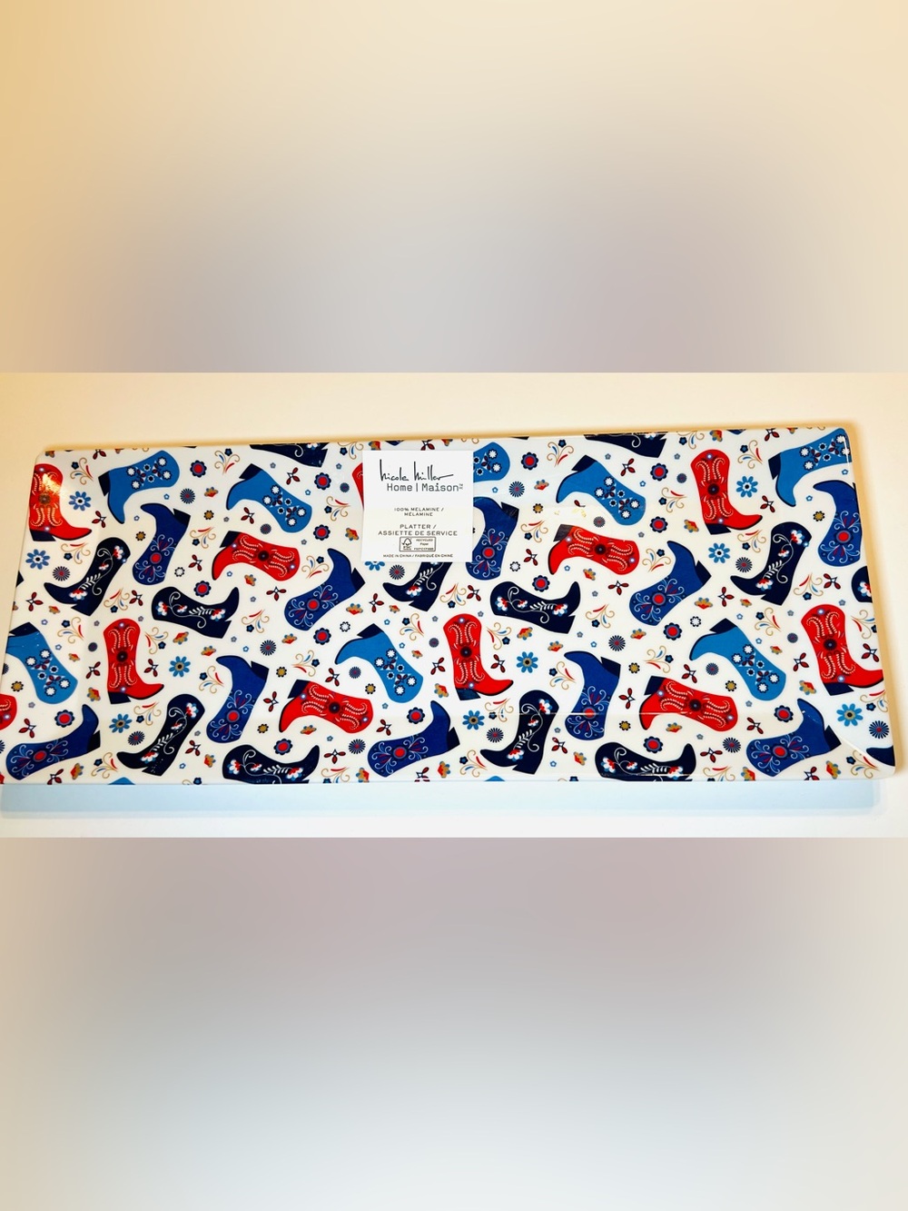 Patriotic Melamine Platter Red & Blue Western Cowgirl Cowboy Boots Americana - Picture 3 of 10